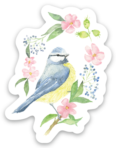 Sticker représentant une mésange entourée de fleurs