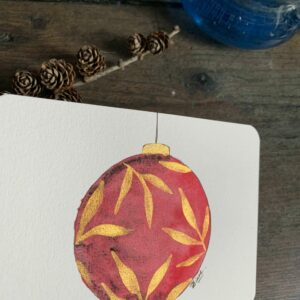 Carte boule rouge, feuillages or