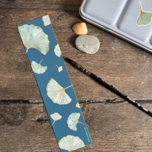 Marque page motif Ginkgo, fond bleu canard