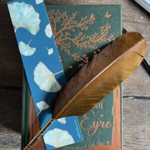 Marque page motif Ginkgo, fond bleu canard